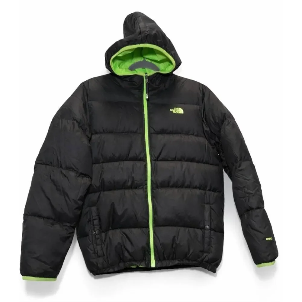 North face boys 18/20 down puffer jacket black green winter coat hoodie